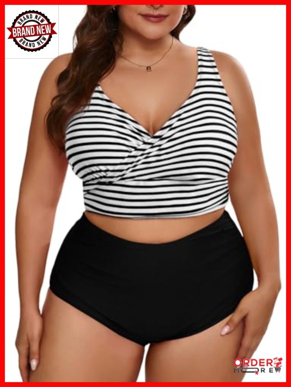 Plus Size High Waisted Bikini Set V Neck Crop Top Adjustable Straps Swimwear
